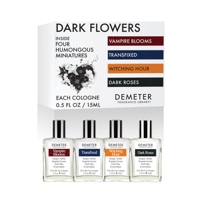 DEMETER Fragrance's Dark Flowers Humongous Miniature Set of 4 - Witching Hour - Dark Roses - Vampire Blooms - Transfixed - Perfume Sampler Set for Women