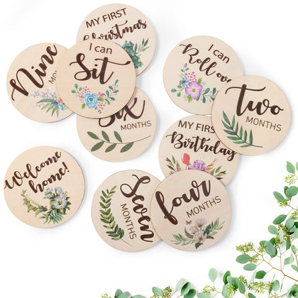 Baby Monthly Milestone Cards Sign - 10 Double Sided Marker Wooden Circles Discs Newborn Photography Prop, Pregnancy Journey Birth Announcement Sign Baby Boy and Girl Gift Sets