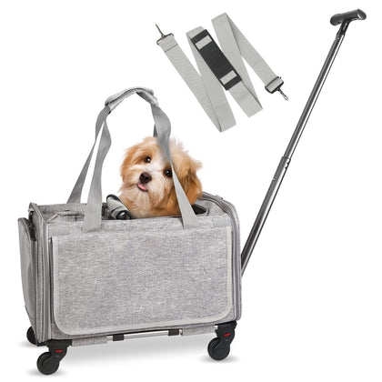 Cat Carrier with Wheels Airline Approved, Designed for Dogs & Cats with Wheels for Up to 35 LBS(Upgrade Material-Sponge Filling) with Telescoping Handle for Walking Travel Vet Visits (Grey)