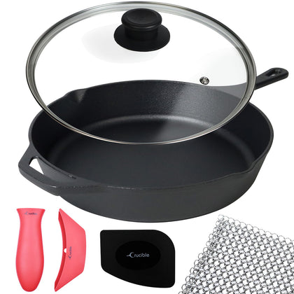 Crucible Cookware 12-Inch Cast Iron Skillet Set (Pre-Seasoned), Including Large & Assist Silicone Hot Handle Holders, Glass Lid, Cast Iron Cleaner Chainmail Scrubber, Scraper | Indoor & Outdoor Use