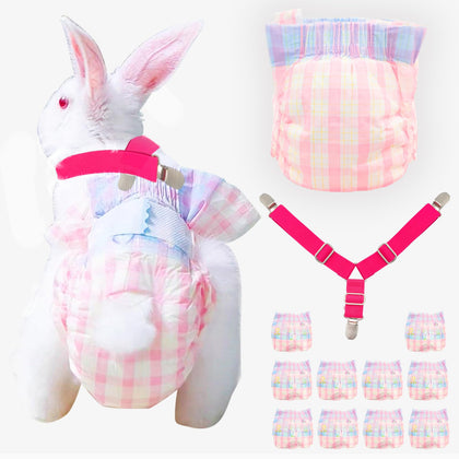 Disposable Rabbit Diapers,Small Pee Pads,with Rabbit Suspenders for Diapers Female,Squirrel Diapers,for Bunny Guinea Pig Kitten Hedgehog Sindoor and Outdoor Activities.(10PCS) (Pink Plaid, M)