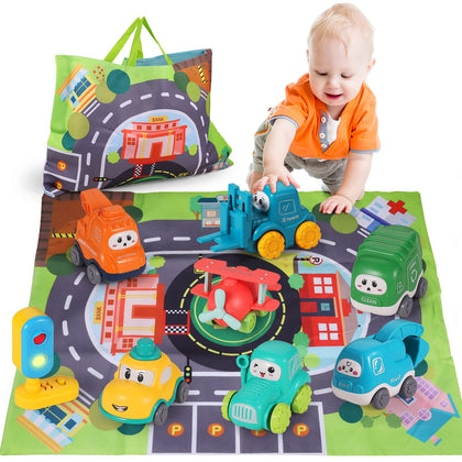 ALASOU 8 PCS Baby Truck Car Toys with Playmat/Storage Bag|1st Birthday Gifts for Toddler Toys Age 1-2|Baby Toys for 1 2 3 Year Old Boy|1 2 Year Old Boy Birthday Gift for Infant Toddlers