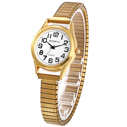 Axbuldo Big Dial Elastic Watches: Expansion Band Arabic Numeral Scale Large Numbers Easy Reading Analog Quartz - Women's Watches White Dial Gold Strap