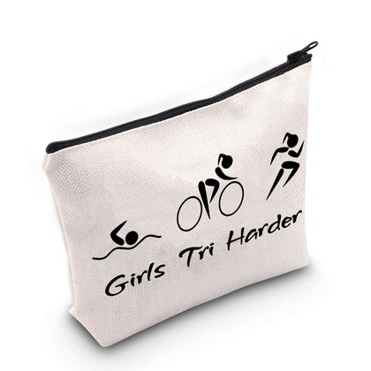 G2TUP Triathlon Lover Gift Tri Harder Makeup Bag Triathlete Cosmetic Bag Zipper Travel Pouch Swim Cycle Run Gift for Female Triathlon Athletes