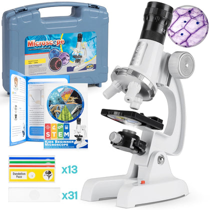 Kids Beginner Microscope Science Kit with 100X-1200X [2023 New] Microscope, 13 Prepared Slides & DIY Blank Slides, 18MM HD Len, LED Light Adjustable and ABS Carry Box, Microscope for Kids 5-7 8-12