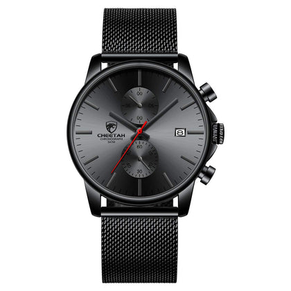 GOLDEN HOUR Mens Watch Fashion Sport Quartz Analog Mesh Stainless Steel Waterproof Chronograph Watches, Auto Date in Red Hands, Color: Black