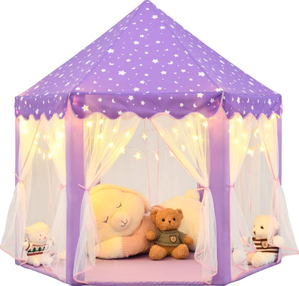 KIXINWA Purple Princess Tent for Girls, Kids Play Tent with LED Small Star Lights, Castle Playhouse Tent for Children Toddlers Indoor Outdoor Games, 55×53 Inches