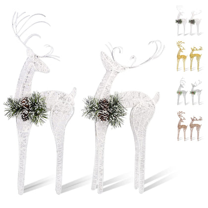 ZHANYIGY 2pc Set White Pinecone Rattan Thread String Christmas Reindeer Figurine Table Desk Decorations Glittering Xmas Holiday Party Supply
