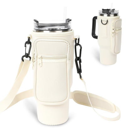 CEELGON Water Bottle Carrier with Strap for Stanley 40oz Tumbler with Handle, Water Bottle Holder with Pouch, Water Bottle Sling Sports Water Bag Accessories for Travelling Hiking Camping (Cream)
