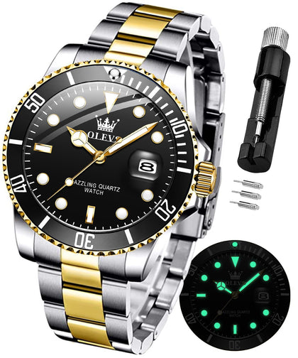 OLEVS Gold Black Stainless Steel Men Watch,Big Face Fashion Watches for Men,Dress Date Luxury Wristwatch,Diver Watches for Men,Two Tone Watch for Men