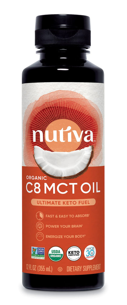 Nutiva Organic C8 MCT Oil, Ultimate Keto Fuel from Non-GMO Coconuts, 14g MCT 12 Fl Oz, USDA Organic, Whole 30, Vegan & Gluten-Free, Energy Boost to Coffee, Shakes and Salads