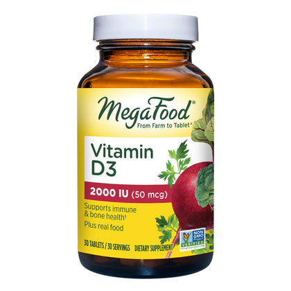 MegaFood Vitamin D3 2000 IU (50 mcg) - Immune Support Supplement - Bone Health -with easily-absorbed Vitamin D3 - Plus real food - Non-GMO, Vegetarian - Made Without 9 Food Allergens - 30 Tabs