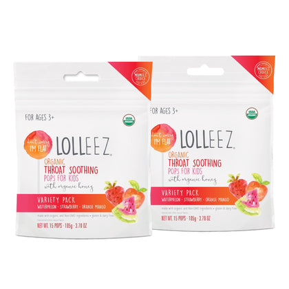 Lolleez Organic Lollipops for Sore Throat Relief - Variety Pack Perfect for Soothing A Sore Throat While Tasting Great - Strawberry, Watermelon & Orange Mango, 2-Pack (15-Count Bags, 30 Total)