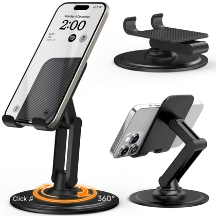 Cooper 360° Stand - Adjustable Cell Phone Stand for Desk | 360° Click-Rotating, Multi-Angle, Non-Slip Metal Base, Foldable & Portable | iPhone Stand for Desk, Cell Phone Stand Holder (Piano Black)