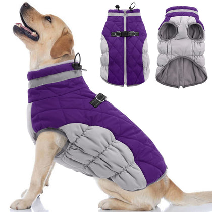 OUOBOB Dog Coat, Winter Dog Coats for Medium Dogs, Fleece Dog Vest with Harness Built in, Dog Cold Weather Coats, Waterproof Dog Snowsuit, Dog Winter Jacket Windproof, Dog Puffer Jacket Purple M
