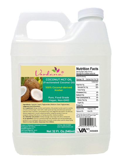 Verdana Coconut MCT Oil, Fractionated, Genuine 100% Coconut Derived,Kosher Certified Food Grade, Vegan, NON-GMO, Great for Keto and Paleo Diet (32 Oz)