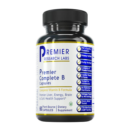 Premier Research Labs Complete B Premier - Vitamin B Complex - 9 Active B Vitamins - Liver, Energy & Brain Support - B Vitamin with Biotin, Thiamine, Folate & More - 60 Plant-Sourced Capsules