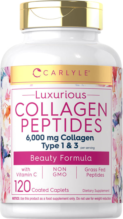 Carlyle Collagen with Vitamin C | 6000mg | 120 Caplets | Multi Collagen Peptide Pills | Type 1 and 3 | Non-GMO, Gluten Free, Grass Fed