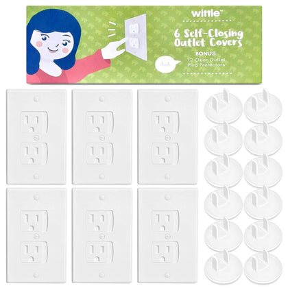 6-Pack Self Closing Outlet Covers - White, Easy to Install Baby Proof Outlet Covers with 12 Clear Outlet Plug Covers for Child Electrical Safety - Baby Proofing Electrical Outlets Made Easy by Wittle