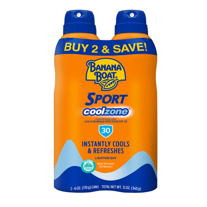 Banana Boat Sport Cool Zone SPF 30 Sunscreen Spray | Sport Clear Sunscreen Spray, Oxybenzone Free Sunscreen Pack SPF 30, 6oz each Twin Pack