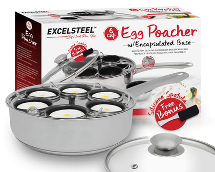 EXCELSTEEL Non Stick Easy Use Rust Resistant Home Kitchen Breakfast Brunch Induction Cooktop Egg Poacher, 6 Cup, Stainless Steel, Round