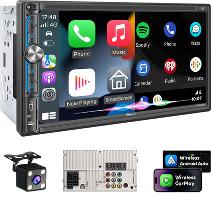 PLZ Double Din Car Radio Stereo Wireless Apple Carplay Android Auto, Bluetooth Audio Receivers, 4.2 Channel Pre Amplifier, 60W*4, 2 Subwoofers, Backup Camera, 7