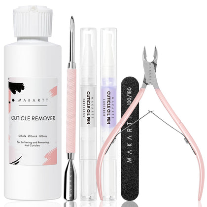 Makartt Cuticle Remover Kit, Nail Care Kit with Cuticle Oil Pen, Cuticle Trimmer, Nail File & 120ml Cuticle Remover Liquid, Nail Manicure Kit for Cuticle Softener & Moisturize