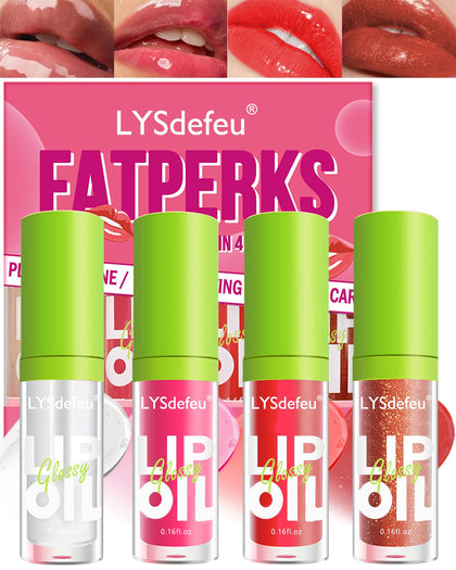 Hydrating Lip Glow Oil-4 Colors Lip Oil Lip Glaze,Tinted Plumping Fat Lip Oil Drip,Clear Pink Shiny Glow Reviver Lip Care Oil,Long Lasting Non-sticky Transparent Lip Gloss,Valentine's Day Gift-Set C