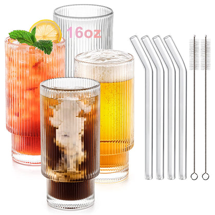 Combler Ribbed Glass Cups with Glass Straws, 16 oz Drinking Glasses, Iced Coffee Cup, Ribbed Glassware Set of 4, Aesthetic Cocktail Glasses, Thick Glass Coffee Cups, Coffee Bar Accessories