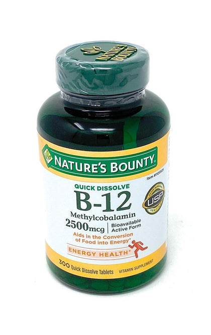 Nature's Bounty Quick Dissolve Fast Acting Vitamin B-12 2500 mcg, Natural Cherry Flavor (300 tablets)