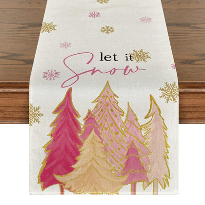 Artoid Mode Pink Christmas Tree Let It Snow Snowflake Table Runner, Seasonal Winter Kitchen Dining Table Decoration for Home Party Outdoor 13x72 Inch