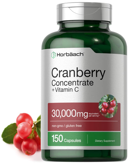 Cranberry Concentrate Extract Pills + Vitamin C | 30,000mg | 150 Capsules | Triple Strength Ultimate Potency Formula | Non-GMO and Gluten Free Cranberry Supplement | by Horbaach