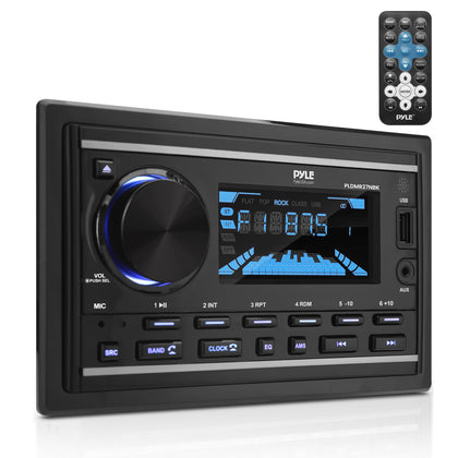 Pyle Boat Bluetooth Marine Stereo Receiver-Marine Head Unit Double DIN Stereo Receiver Power Amplifier-Hands-Free Calling,LCD,AM/FM/MP3/DVD/CD/USB/AUX-Remote,Wiring Harness-Pyle PLDMR27NBK