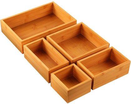 Pipishell 5-Piece Bamboo Drawer Organizer Set, Varied Sizes Junk Multi-use Storage Box for Office, Home, Kitchen, Bedroom, Bathroom