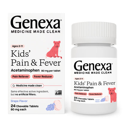 Genexa Kids Pain and Fever Reducer | Childrens Acetaminophen, Dye Free, Chewable Tablets for Kids 2-11 | Delicious Organic Grape Flavor | 80 mg | 24 Count