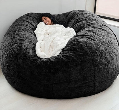 Giant Fur Bean Bag Chair Cover for Kids Adults, (No Filler) Living Room Furniture Big Round Soft Fluffy Faux Fur Beanbag Lazy Sofa Bed Cover(Black, 5FT)