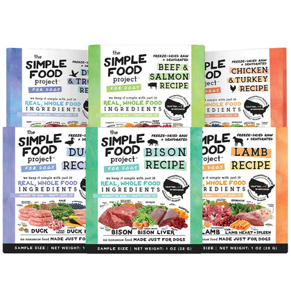 Simple Food Project The Freeze Dried Raw Dog Food Topper Featuring Organic Human Grade Ingredients [6 Pack Variety - 1oz Samples Bison, Duck, Lamb, Beef/Salmon, Duck/Trout, and Chicken/Turkey]