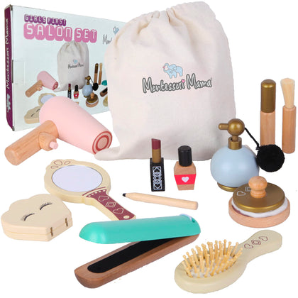 Montessori Mama Makeup and Salon Set - Wooden Pretend Play Beauty Play Makeup Kit with Styling Tools and Cosmetics - Pretend Makeup for Toddlers for 4 Year Old Girl