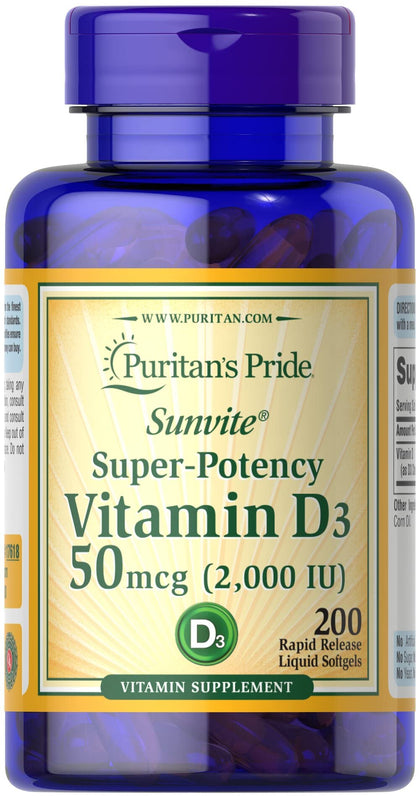 Puritan's Pride Vitamin D3 50mcg (2,000 IU) Bolsters Immune Health for Support of Immune Health and Healthy Bones and Teeth 200 Softgels