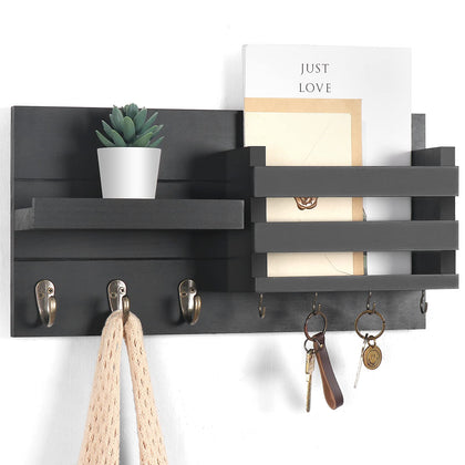 Lwenki Mail Organizer for Wall Mount - Key Holder with Shelf Includes Letter Holder and Hooks for Coats, Dog Leashes - Rustic Wood with Flush Mounting Hardware (16.5 x 8.7 x 3.5)