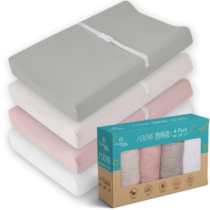 CrimsonMark 100% Muslin Changing Pad Cover Pack of 4-32x16 Ultra Soft 120GSM Baby Changing Pad Covers for Girls and Boys - Easy wash Diaper Changing pad Cover with Low Shrinkage