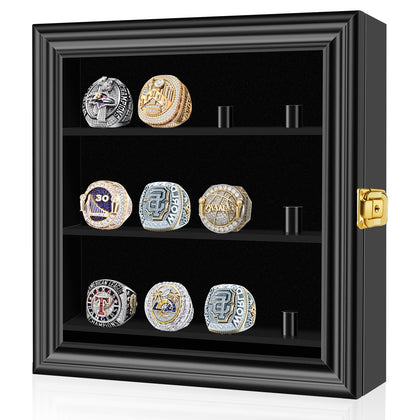 Championship Ring Display Case, 12 Ring Posts Baseball Ring Holder, Baseball Ring Display Case Lockable Wall Mount Wooden Shadow Box with Acrylic Door for Multiple Championship Rings