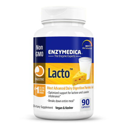 Enzymedica Lacto, Maximum Strength Formula for Dairy Intolerance, With Enzymes Lactase and Protease, Relieves Digestive Discomfort, 90 capsules (90 servings)