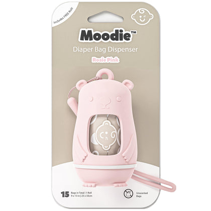 NEW Moodie Teddy Bear Diaper Bag Dispenser | Diaper Bag on the Go Dispenser w/Silicon Strap |15 UNSCENTED Diaper Disposal Bags per Roll | Diaper bag essential items (ROSIE PINK)