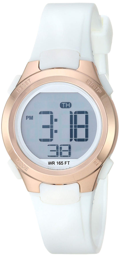Amazon Essentials Women's Digital Chronograph Rose Gold-Tone and White Resin Strap Watch