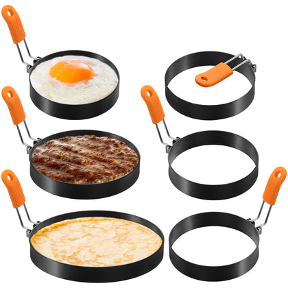 6 Pcs Professional Pancake Ring Set Stainless Steel Fried Egg Ring Griddle Pancake Shapers with Orange Silicone Handle for Breakfast Omelette Sandwich(4 Inch, 6 Inch, 8 Inch)