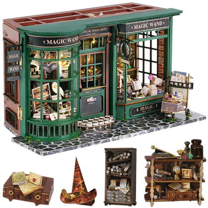 Lannso DIY Dollhouse Miniature Kit, Doll House Kit with Dust Proof Cover, Magic Wand Shop, Mini Handmade Wooden Dollhouse Toys for Adult Gift(F32)
