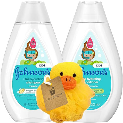Johnson's Ultra Hydrating Shampoo and Conditioner Set for Kids, Tear Free Hypoallergenic & Gentle for Toddler's Hair, 13.6 fl. oz Each with Bonus Animal Bath Loofah