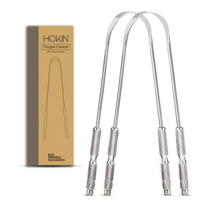 Tongue Scraper for Adults by HOKIN (2Pcs Oral Care Pack) Stainless Steel Tongue Cleaners Reduce Bad Breath 100% Metal Tough Scrapers Men and Women Hygiene Product