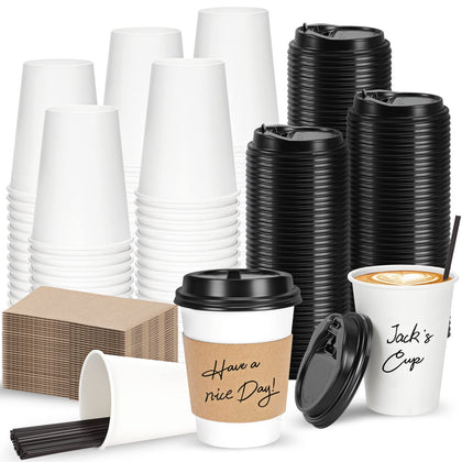 FIFWVGP 100 Pack 12 oz Disposable Coffee Cups with Lids, Sleeves and Stir Straws, Paper Coffee Cups with Lids, To Go Hot Coffee Cups for Home, Office, Cafes, Wedding and Parties
